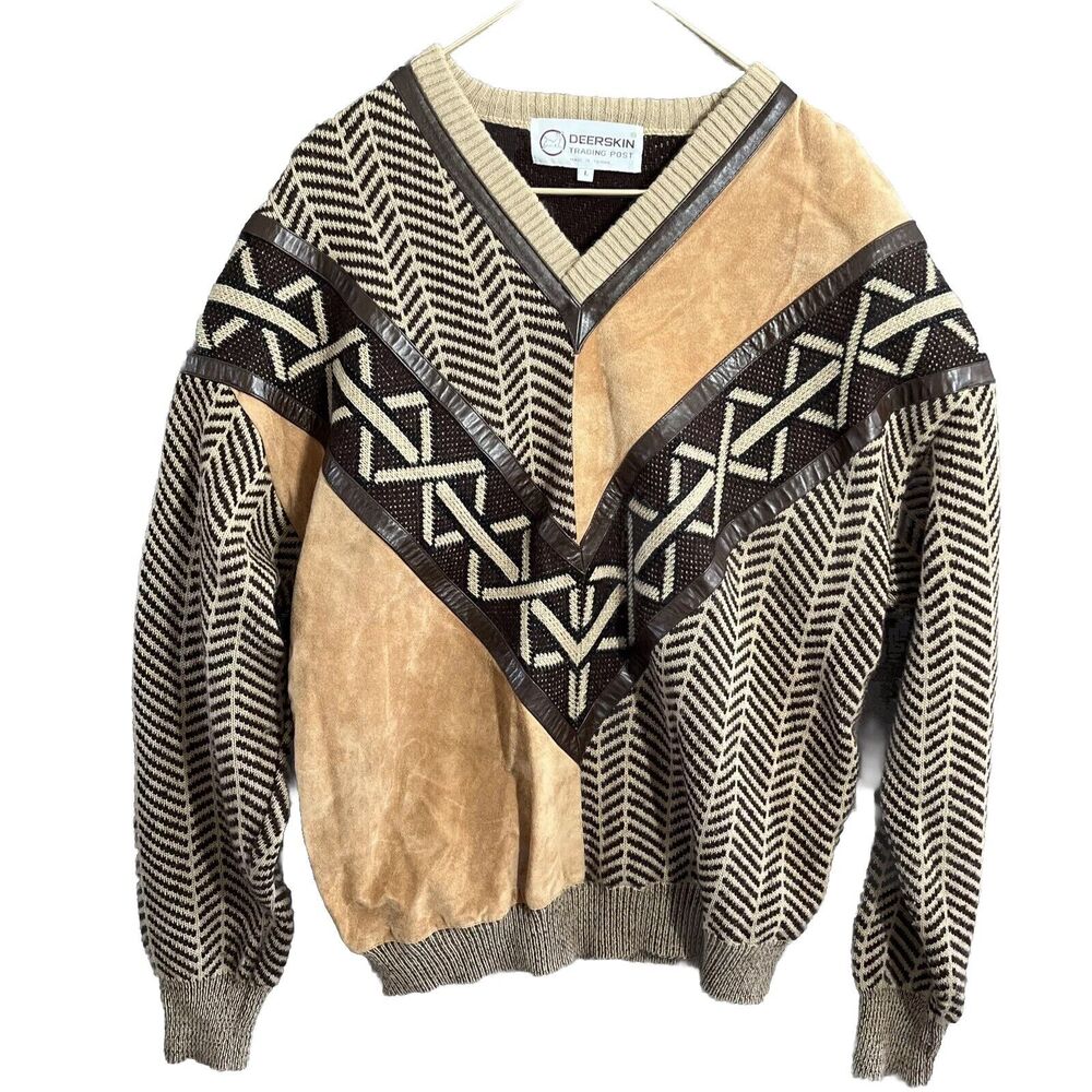 Deerskin Trading Post Sweater Large Wool Suede Brown V Neck Southwestern Vtg